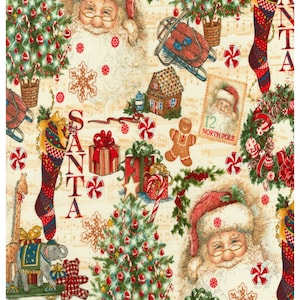 May include: A cream-coloured fabric with a repeating pattern of Father Christmas, Christmas trees, candy canes, presents, and gingerbread houses. The fabric has a musical note background and the words "SANTA" are repeated throughout the pattern.