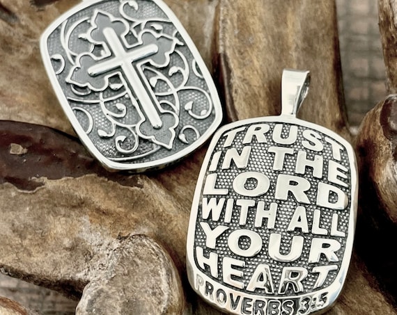 Proverbs 3:5 Trust In The Lord With All Your Heart Two Sided Reversible Christian Necklace Pendant with Cross