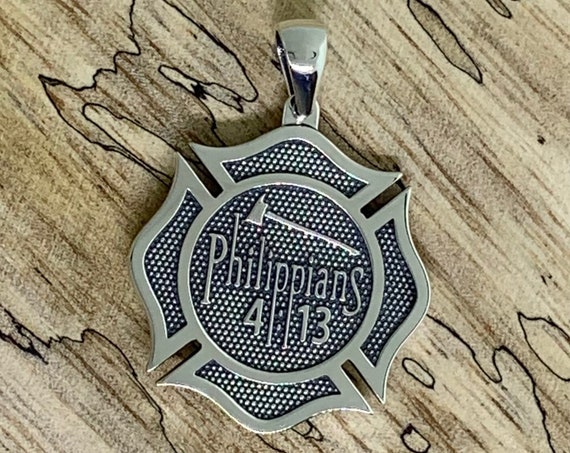 Firefighter Maltese Cross Philippians 4:13 Reversible Pendant with Scramble - Christian