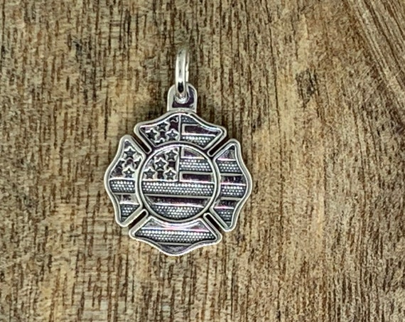 Small Maltese Cross with American Flag Firefighter Pendant Necklace