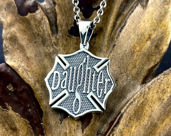 Silver Firefighter Daughter Maltese Cross Pendant Necklace
