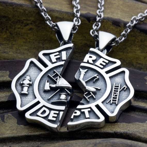Large Firefighter Fire Department Maltese Cross Two Piece Miz-Pah Couples Best Friends Sterling Silver Necklace Pendant