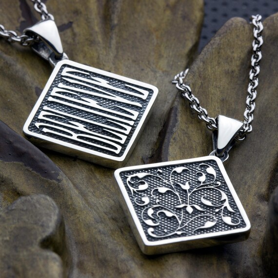 Believe Two Sided Reversible Vine Sterling Silver Square Necklace Pendant