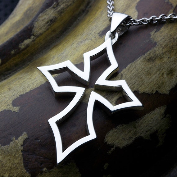 Sterling Silver Wide Pointed Outline Christian Cross Necklace Pendant