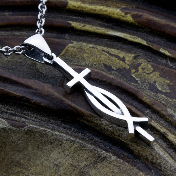 Sterling Silver Christian Narrow Cross and Ichthus Fish Necklace Pendant