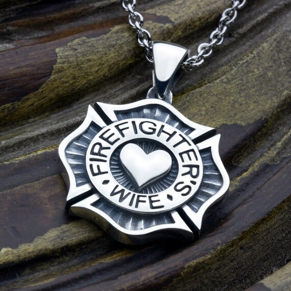 Firefighter's Wife Maltese Cross with Heart Sterling Silver Necklace Pendant