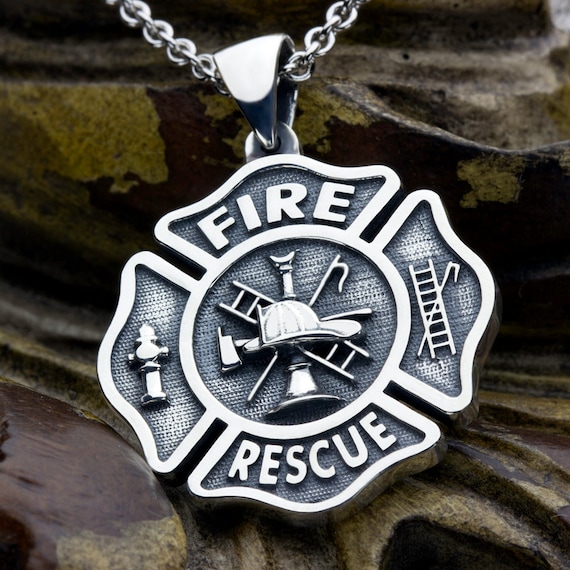 Large Maltese Cross Firefighter Fire and Rescue Sterling Silver Necklace Pendant