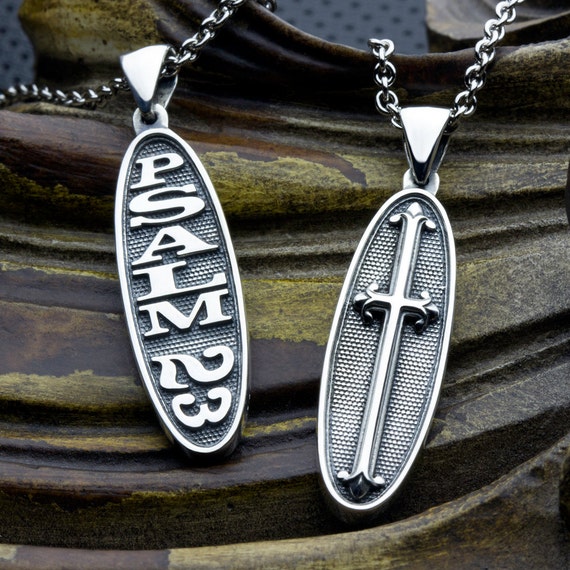 Psalm 23 The Lord Is My Shepherd Two Sided Reversible Christian Necklace Pendant with Cross