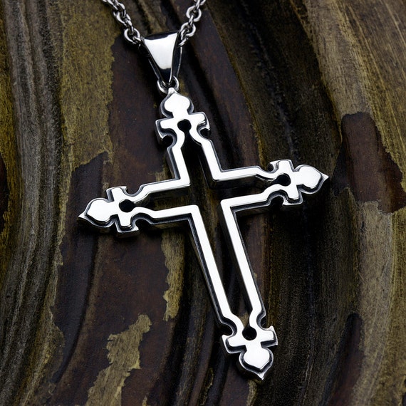 LARGE Cross Pendant Pierced Outline Fleur-de-lis Christian Necklace - Sterling Silver