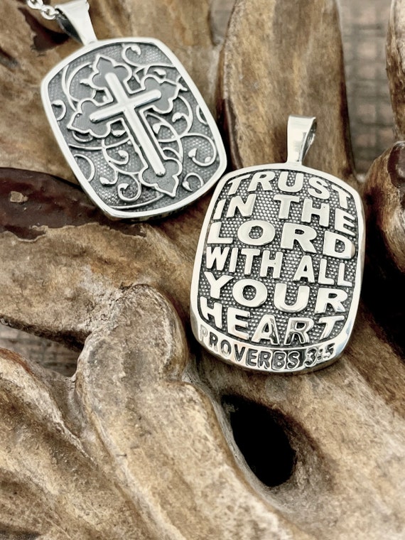 Proverbs 3:5 Trust In The Lord With All Your Heart Two Sided Reversible Christian Necklace Pendant with Cross