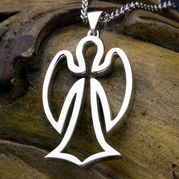 LARGE Angel Outline Sterling Silver Necklace Pendant Christian Jewelry