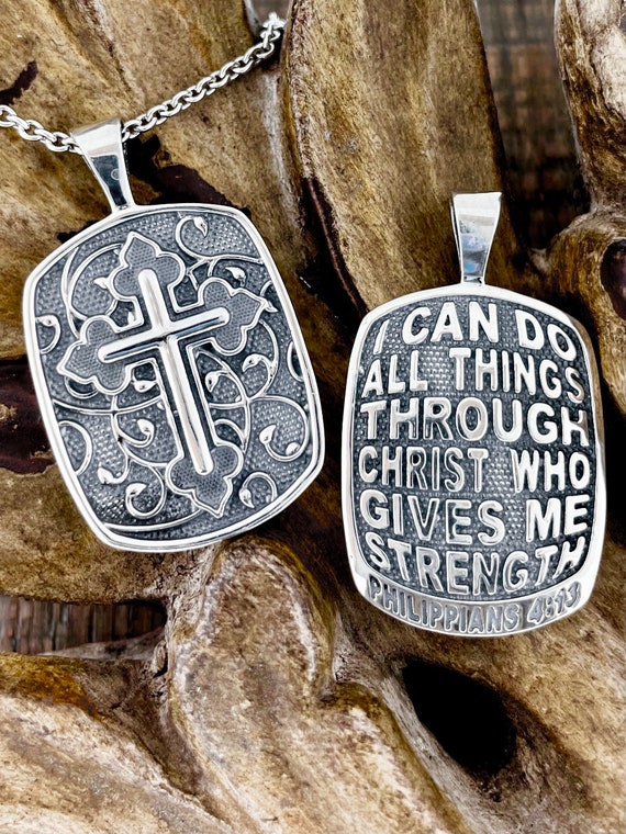 Philippians 4:13 I Can Do All Things Through Christ Who Strengthens Me Reversible Christian Pendant Sterling Silver Necklace