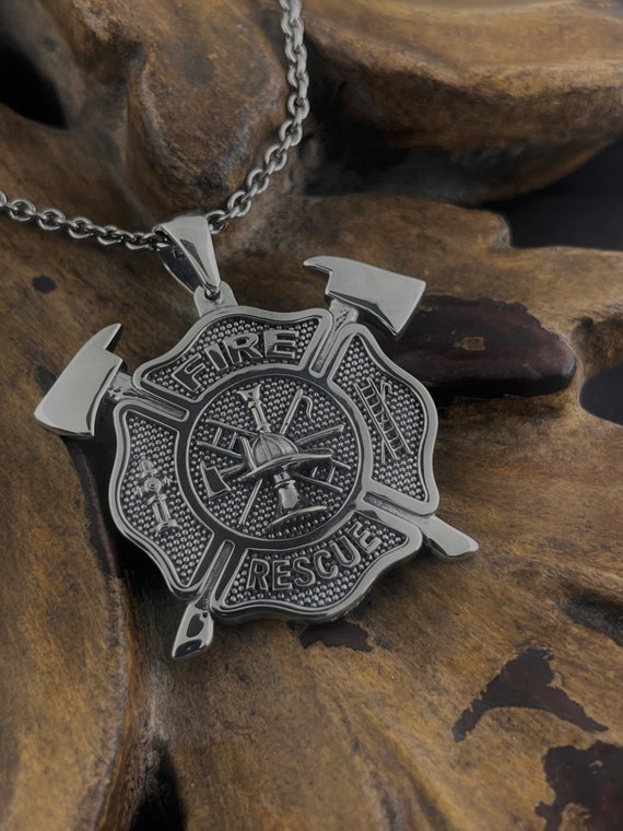 Large Maltese Cross Firefighter Fire and Rescue with Crossed Axes Sterling Silver Necklace Pendant