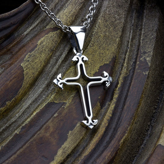 Cross Necklace Pendant Pierced Outline Fleur-de-lis Sterling Silver Christian Cross