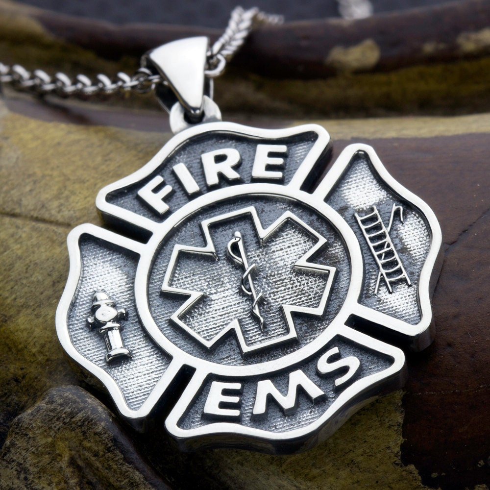 Large Maltese Cross Fire Fighter And Ems Paramedic Star Of Life Sterling Silver Necklace Pendant
