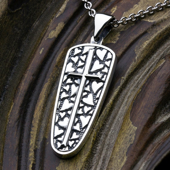 Sterling Silver Christian Cross With Heart Texture Background Necklace Pendant