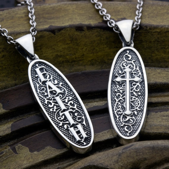 Faith and Cross Unique Reversible Pendant for Necklace - Sterling Silver