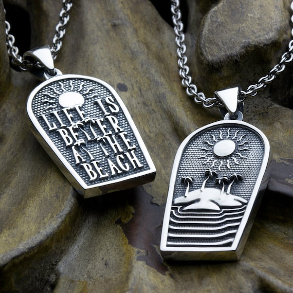 Life Is Better At The Beach Two Sided Reversible Sterling Silver Palm Trees Water and Sun Necklace Pendant