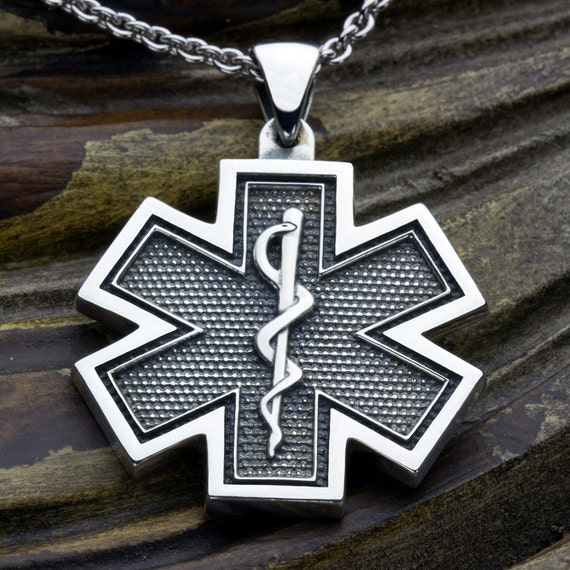 Large Star of Life EMS Paramedic Medical Alert Sterling Silver Necklace Pendant