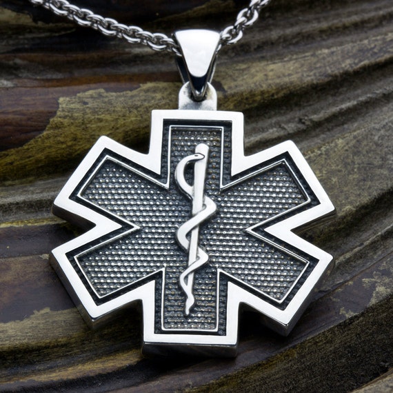 Large  Star of Life EMS Paramedic Medical Alert Sterling Silver Necklace Pendant