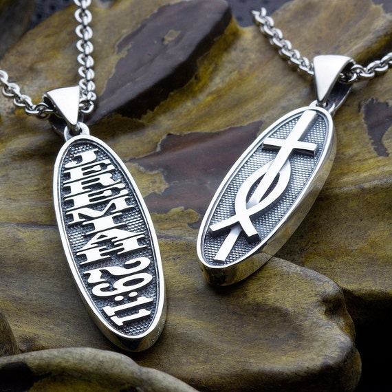 Jeremiah 29:11 I Know The Plans I Have For You Two Sided Reversible Christian Necklace Pendant with Cross and Ichthus Fish - Plans, Future