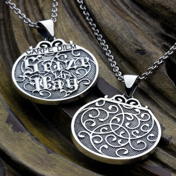 Seize The Day Carpe Diem Two Sided Reversible Sterling Silver Unique Necklace Pendant
