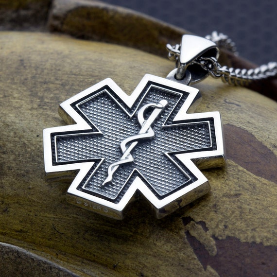 Medium  Star of Life EMS EMT Paramedic Medical Alert Sterling Silver Necklace Pendant