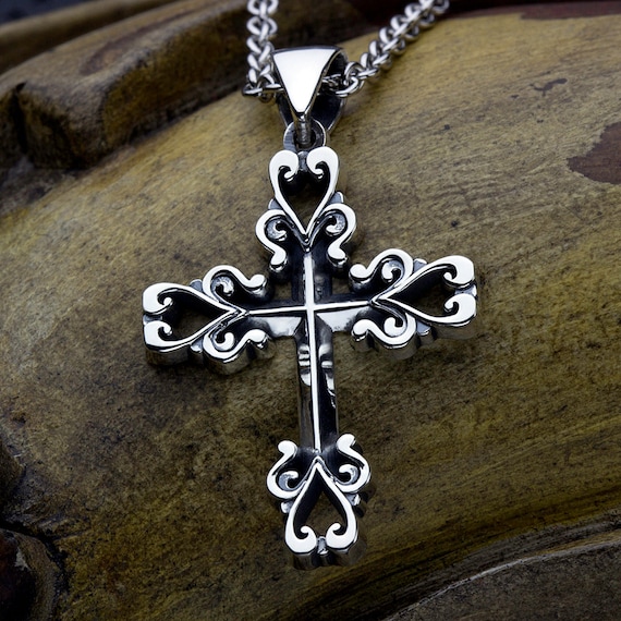 Sterling Silver Heart End Christian Cross Necklace Pendant