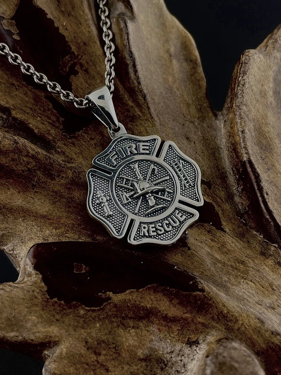 Medium Maltese Cross Firefighter Fire and Rescue Sterling Silver Necklace Pendant
