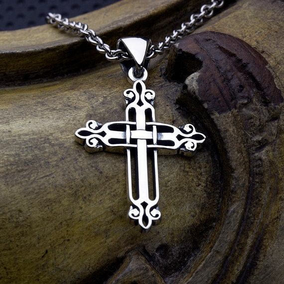Sterling Silver Woven Fleur-de-lis Christian Cross Necklace Pendant
