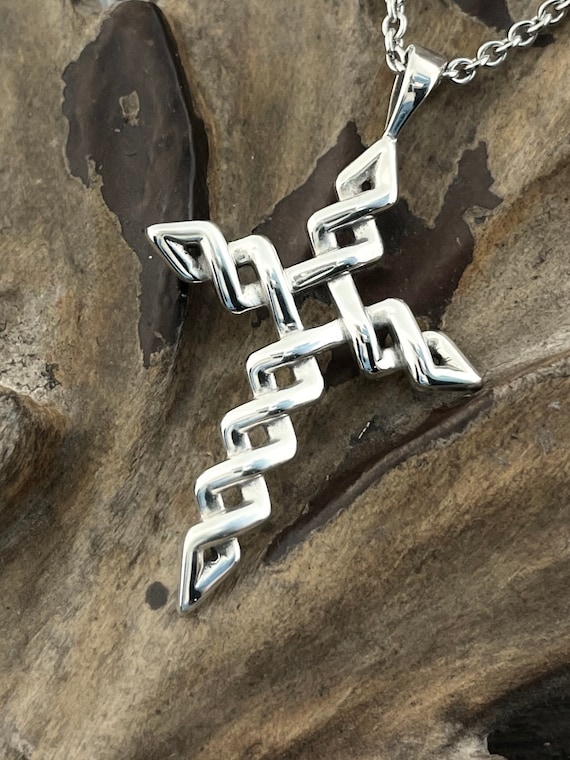 Cross Pendant Jagged Weave Sterling Silver Necklace