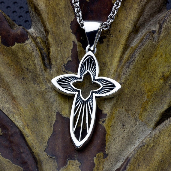 Sterling Silver Starburst Christian Cross Necklace Pendant