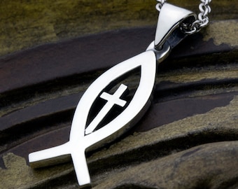 Sterling Silver Ichthus Christian Fish With Cross Necklace Pendant