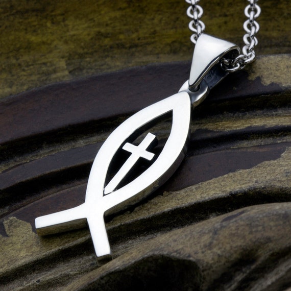 Sterling Silver Ichthus Christian Fish With Cross Necklace Pendant