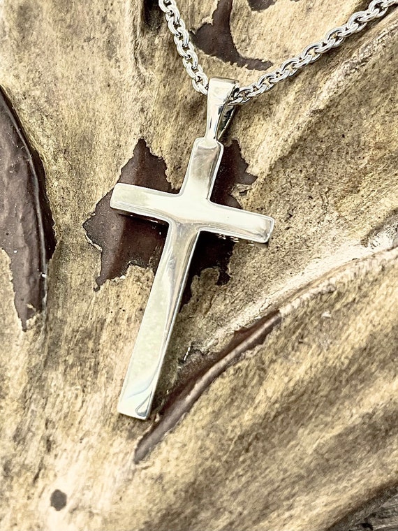 Medium Smooth Cross Plain Design Sterling Silver Christian Pendant Necklace