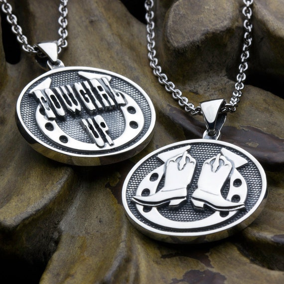Cowgirl Up Cowboy Boots Horseshoes Country Girl Two Sided Reversible Sterling Silver Necklace Pendant
