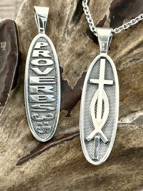 Small Proverbs 3:5 Trust In The Lord With All Your Heart Two Sided Reversible Christian Necklace Pendant with Cross and Fish