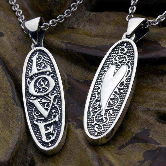 LOVE Sterling Silver Two Sided Reversible Word Love With Heart Necklace Pendant