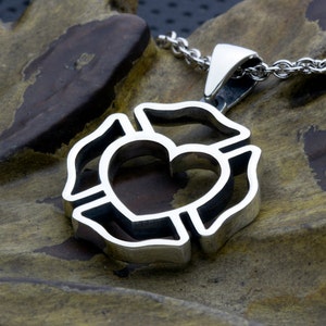 Firefighter Maltese Cross Outline with Heart Center Sterling Silver Necklace Pendant - MEDIUM