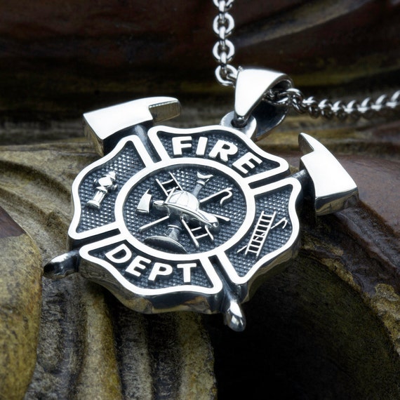 Medium Firefighter Fire Department Maltese Cross with Crossed Axes Sterling Silver Necklace Pendant