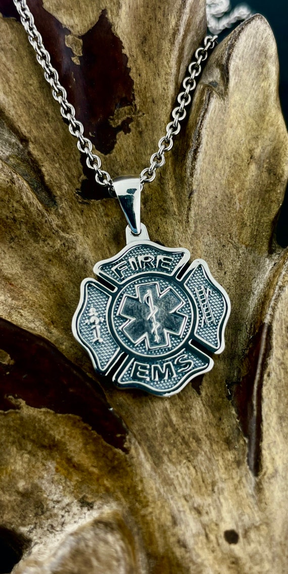 Medium Maltese Cross Fire Fighter and EMS Paramedic Star of Life Sterling Silver Necklace Pendant