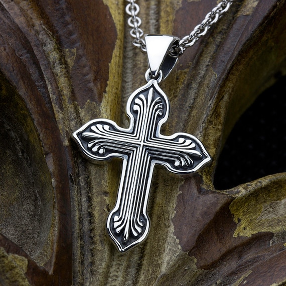 Sterling Silver Christian Fan End Cross Necklace Pendant
