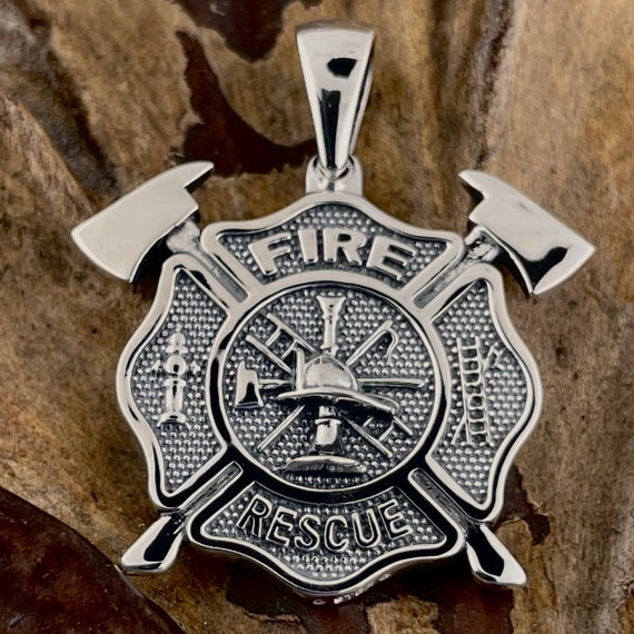 Medium Fire and Rescue with Crossed Axes Maltese Cross Firefighter Pendant Necklace