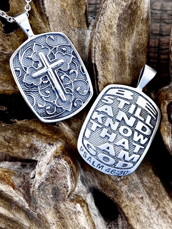 Be Still and Know That I Am God Psalm 46:10 Reversible Christian Pendant Sterling Silver