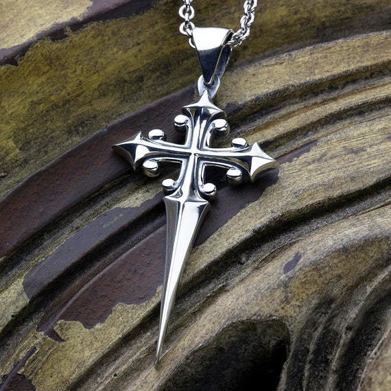 Sterling Silver Dagger Style Christian Cross Necklace Pendant LARGE Size