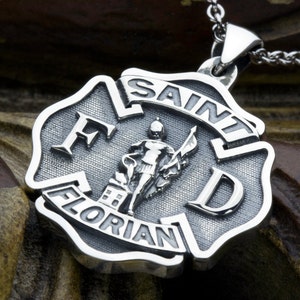 Large Maltese Cross Firefighter Saint Florian Sterling Silver Necklace Pendant