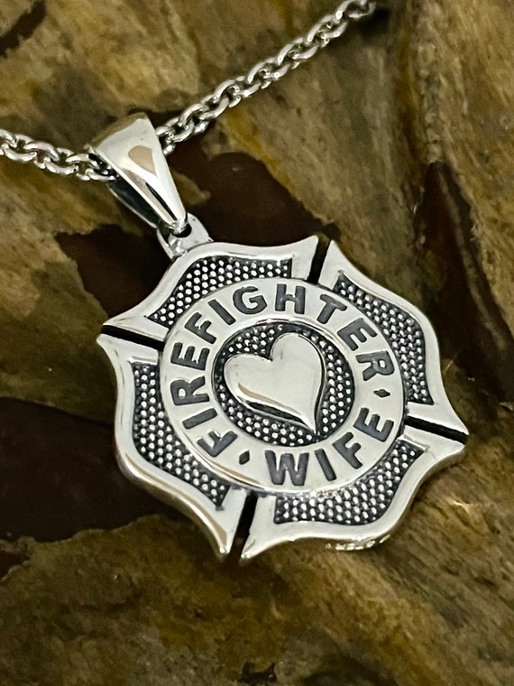 Firefighter's Wife Maltese Cross with Heart Sterling Silver Necklace Pendant