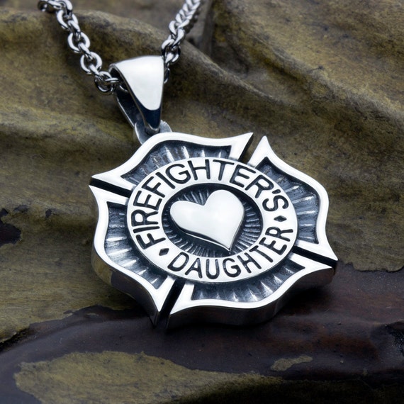 Firefighter's Daughter Maltese Cross with Heart Sterling Silver Necklace Pendant