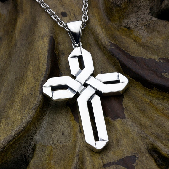Christian Cross Pendant Sterling Silver Wide Weave