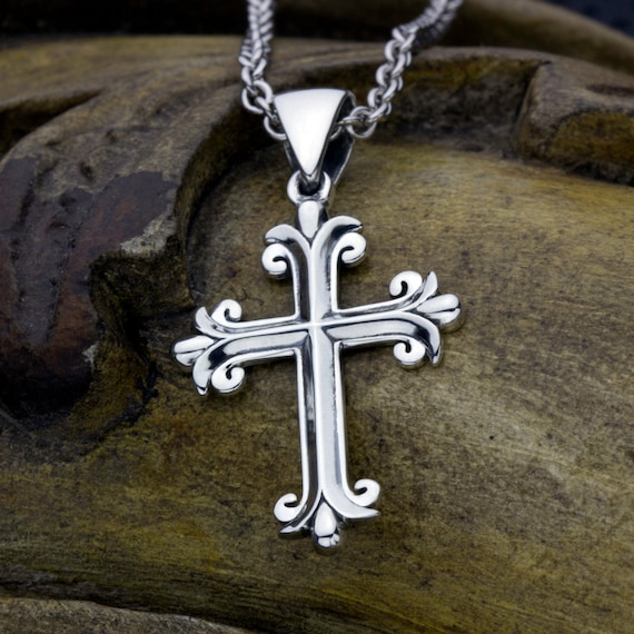 Christian Cross Fleur-de-lis Small Necklace Pendant - Sterling Silver
